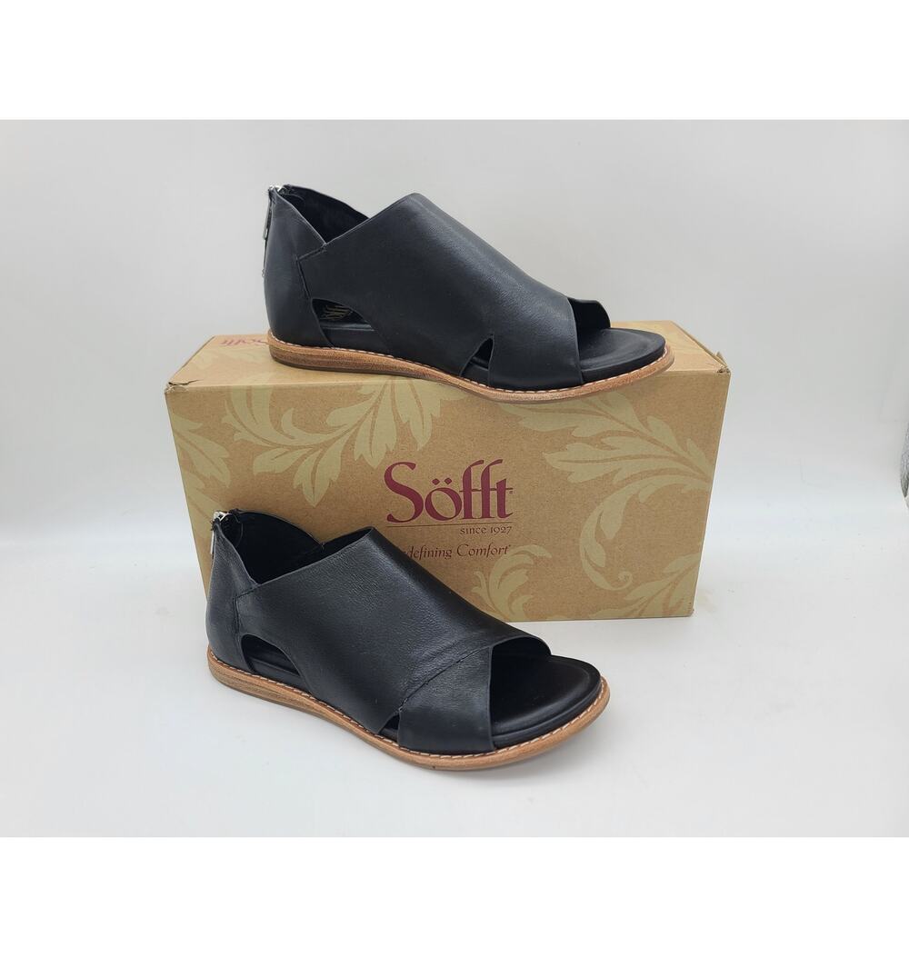 Sofft Evonne Black Wrapped Leather Sandals Back Zipper Flat Sole Women 6.5 w/Box